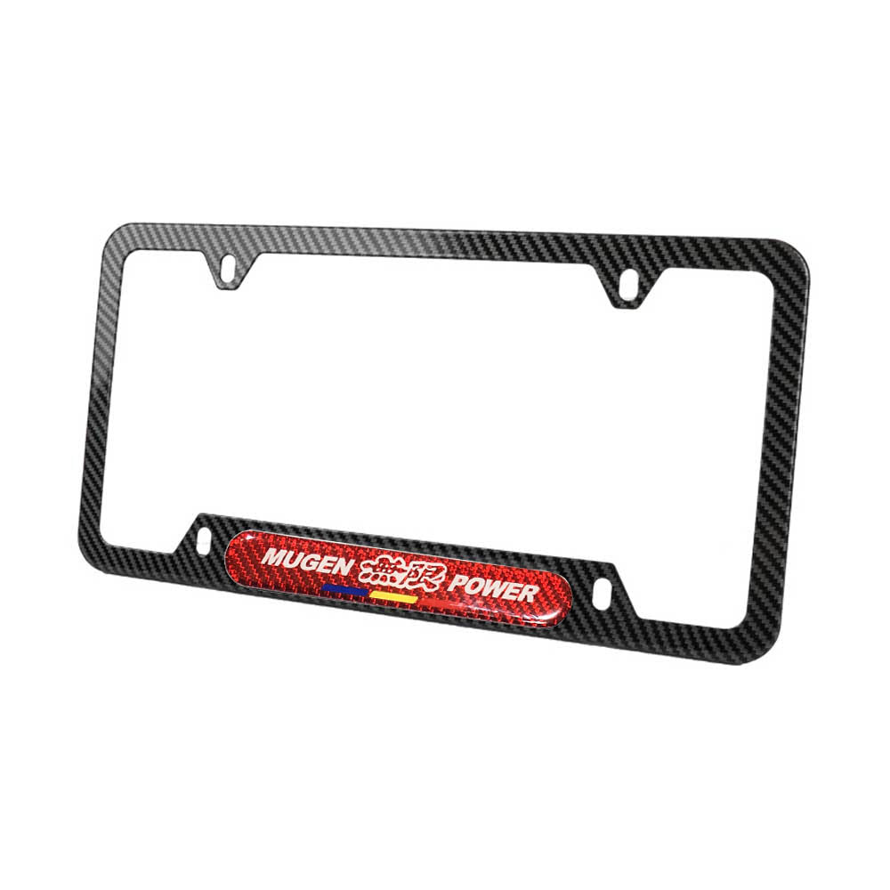 Brand New Universal 2PCS Mugen Power Carbon Fiber Look Metal License Plate Frame