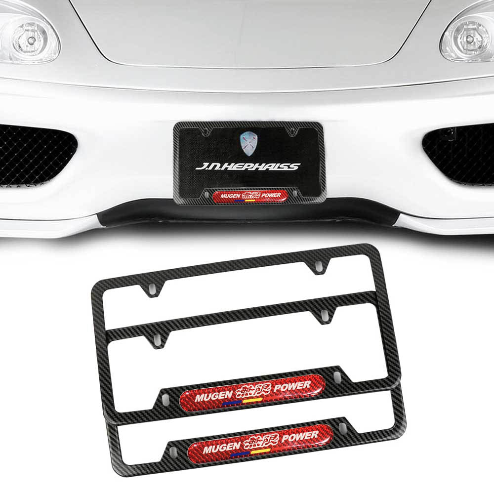 Brand New Universal 2PCS Mugen Power Carbon Fiber Look Metal License Plate Frame