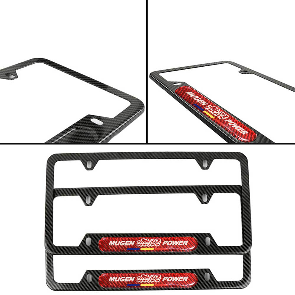 Brand New Universal 2PCS Mugen Power Carbon Fiber Look Metal License Plate Frame