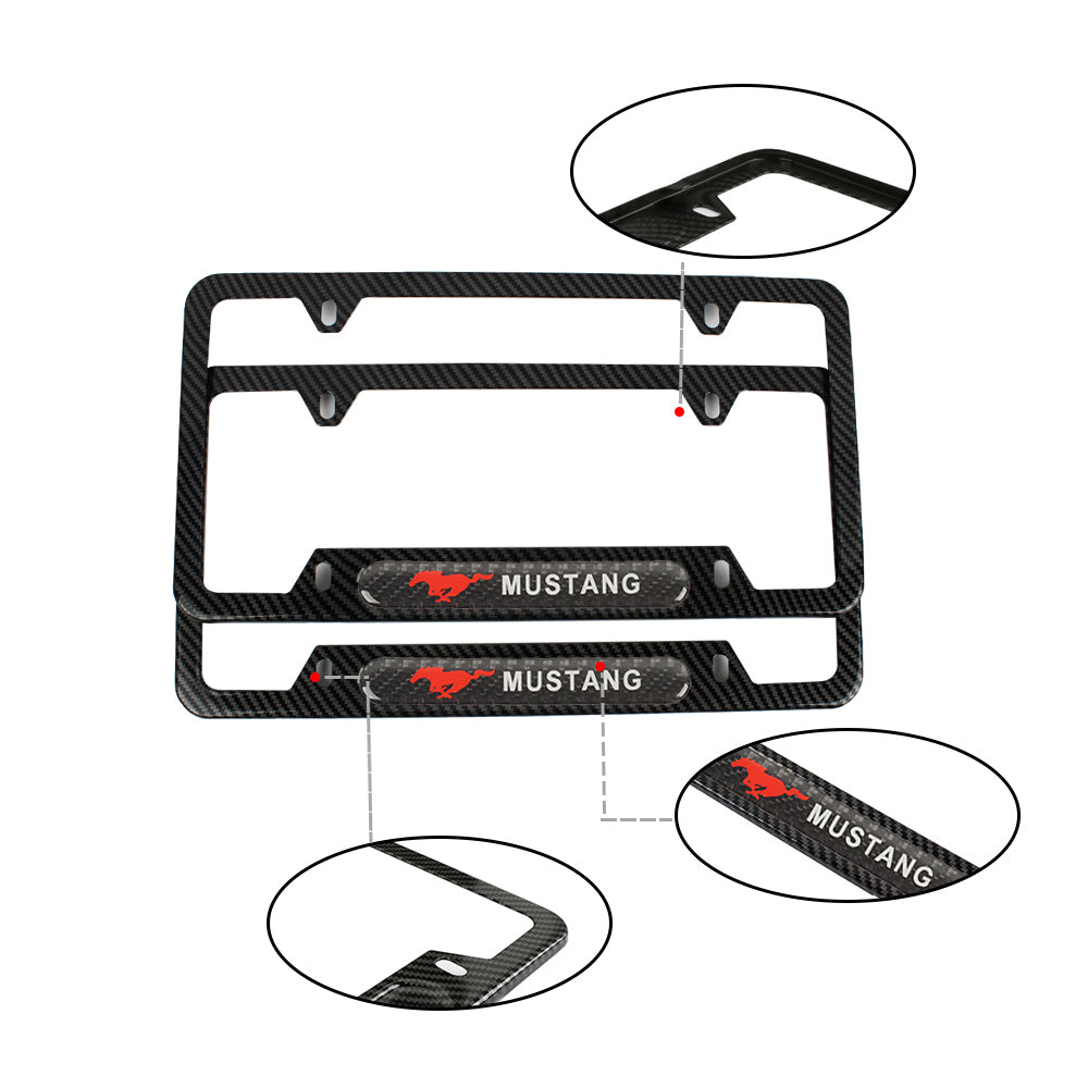 Brand New Universal 2PCS Mustang Carbon Fiber Look Metal License Plate Frame