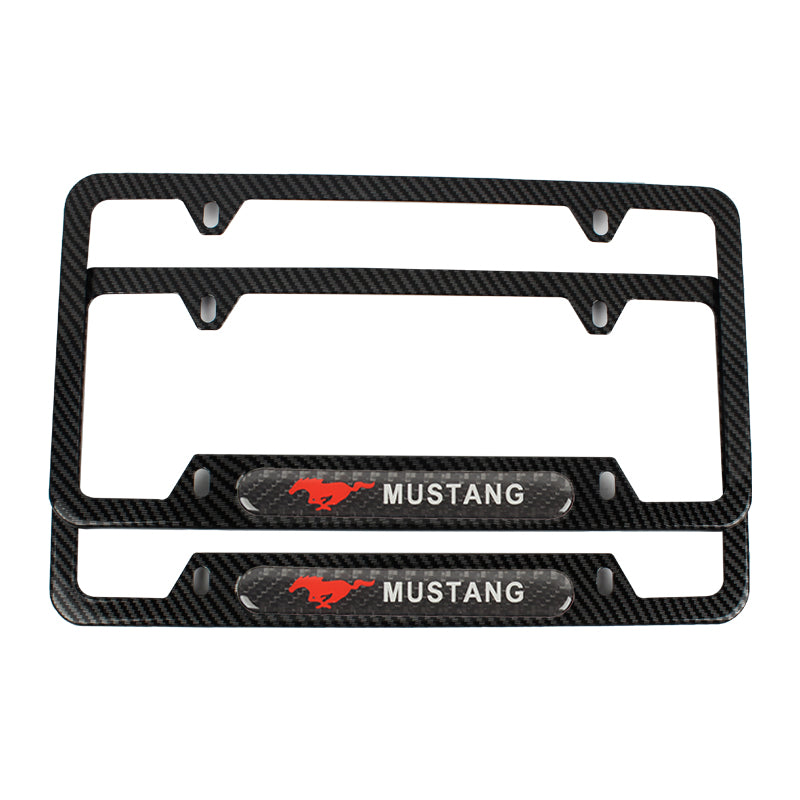 Brand New Universal 2PCS Mustang Carbon Fiber Look Metal License Plate Frame