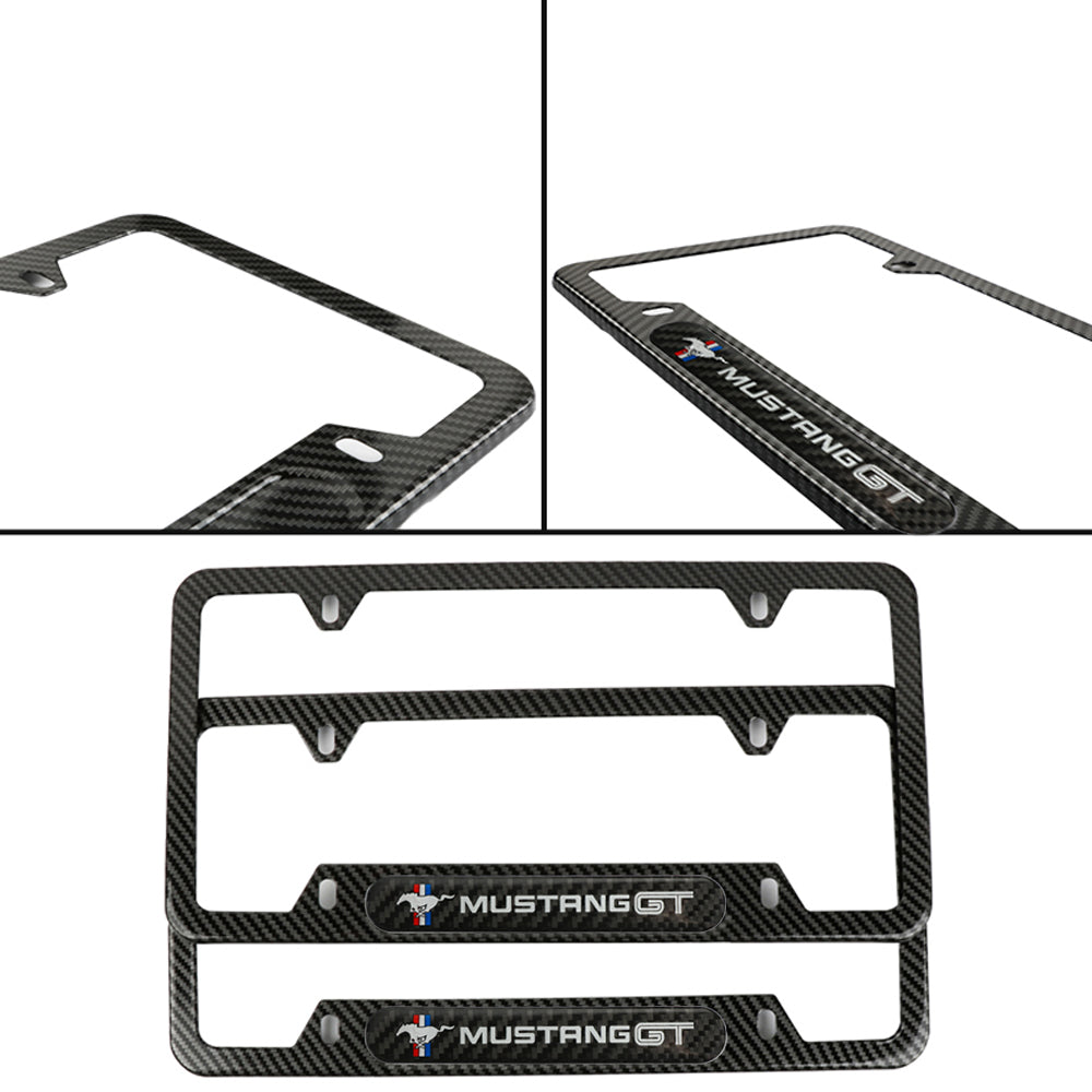 Brand New Universal 2PCS MUSTANG GT Carbon Fiber Look Metal License Plate Frame