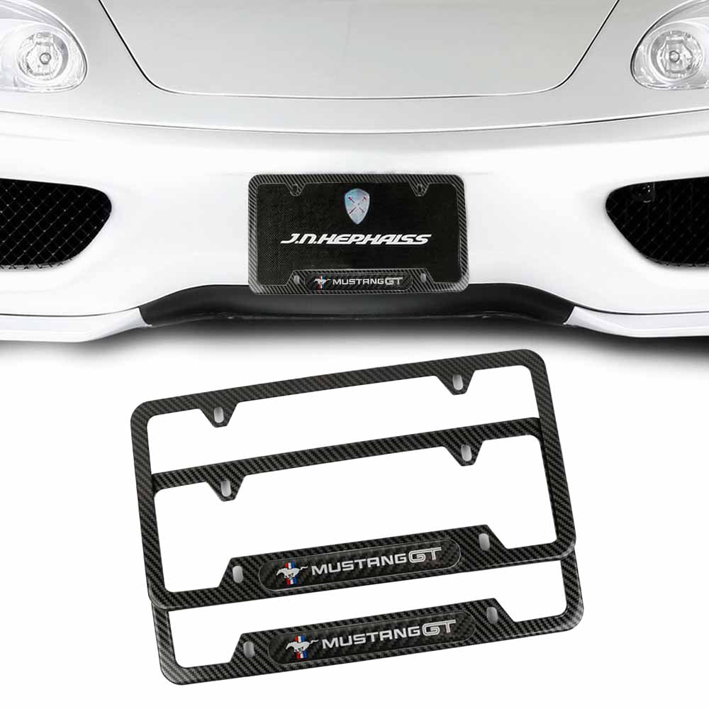 Brand New Universal 2PCS MUSTANG GT Carbon Fiber Look Metal License Plate Frame