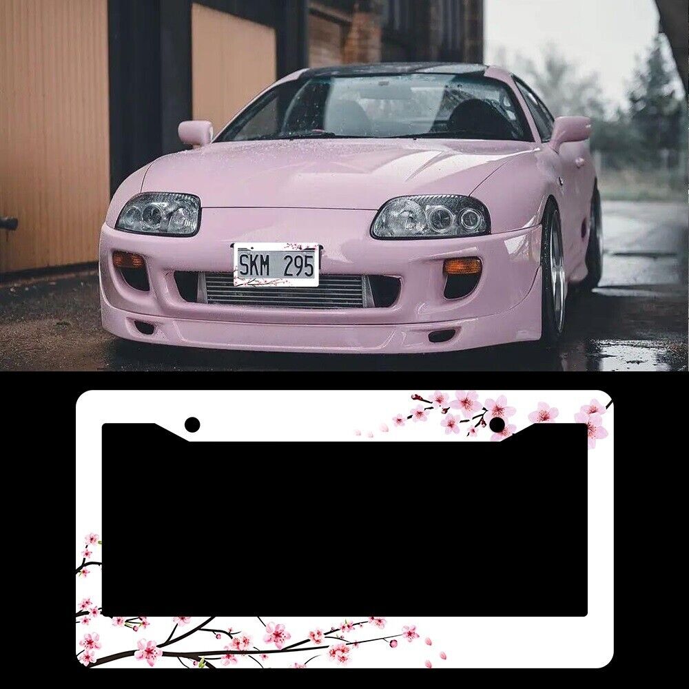 Brand New Universal 1PCS Sakura JDM Flower ABS Plastic White License Plate Frame