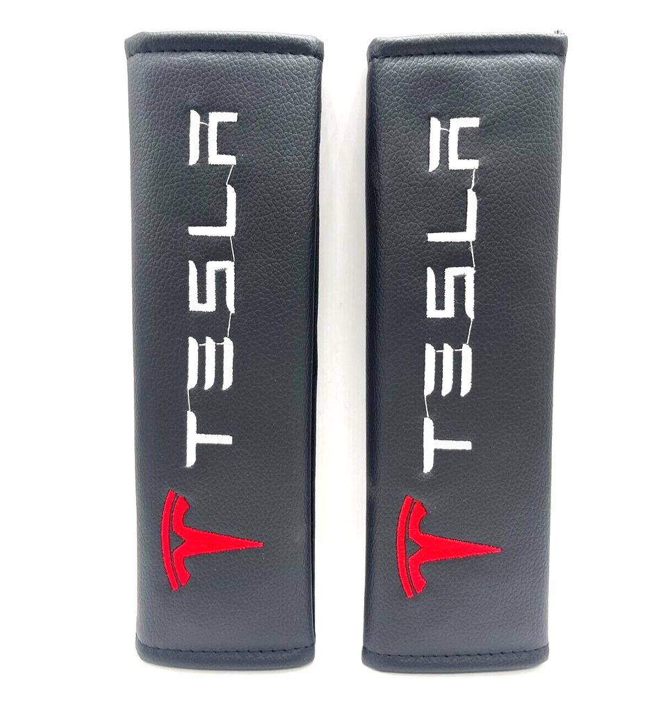 Brand New Universal 2PCS TESLA Black Leather Auto Car Seat Belt Covers Shoulder Pads Cushion