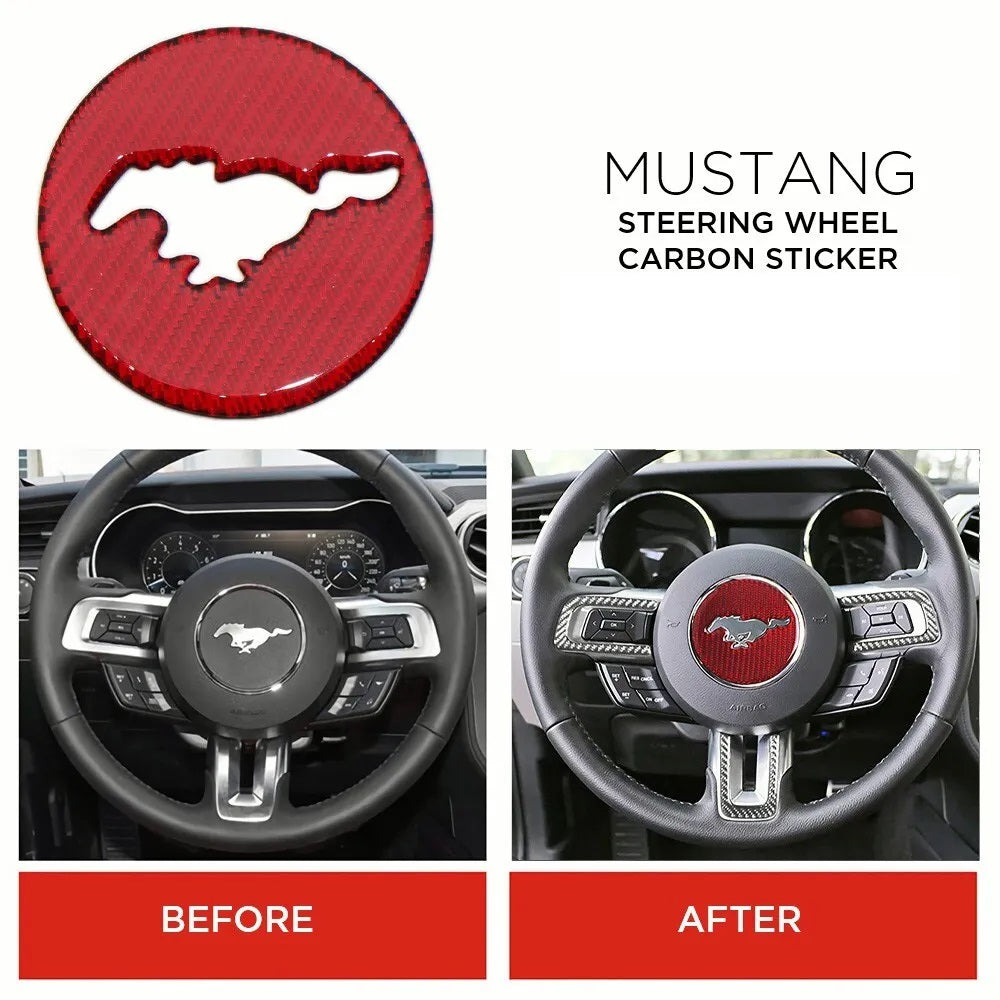 BRAND NEW 2015-2020 Ford Mustang Real Carbon Fiber Red Steering Wheel Panel Trim Emblem