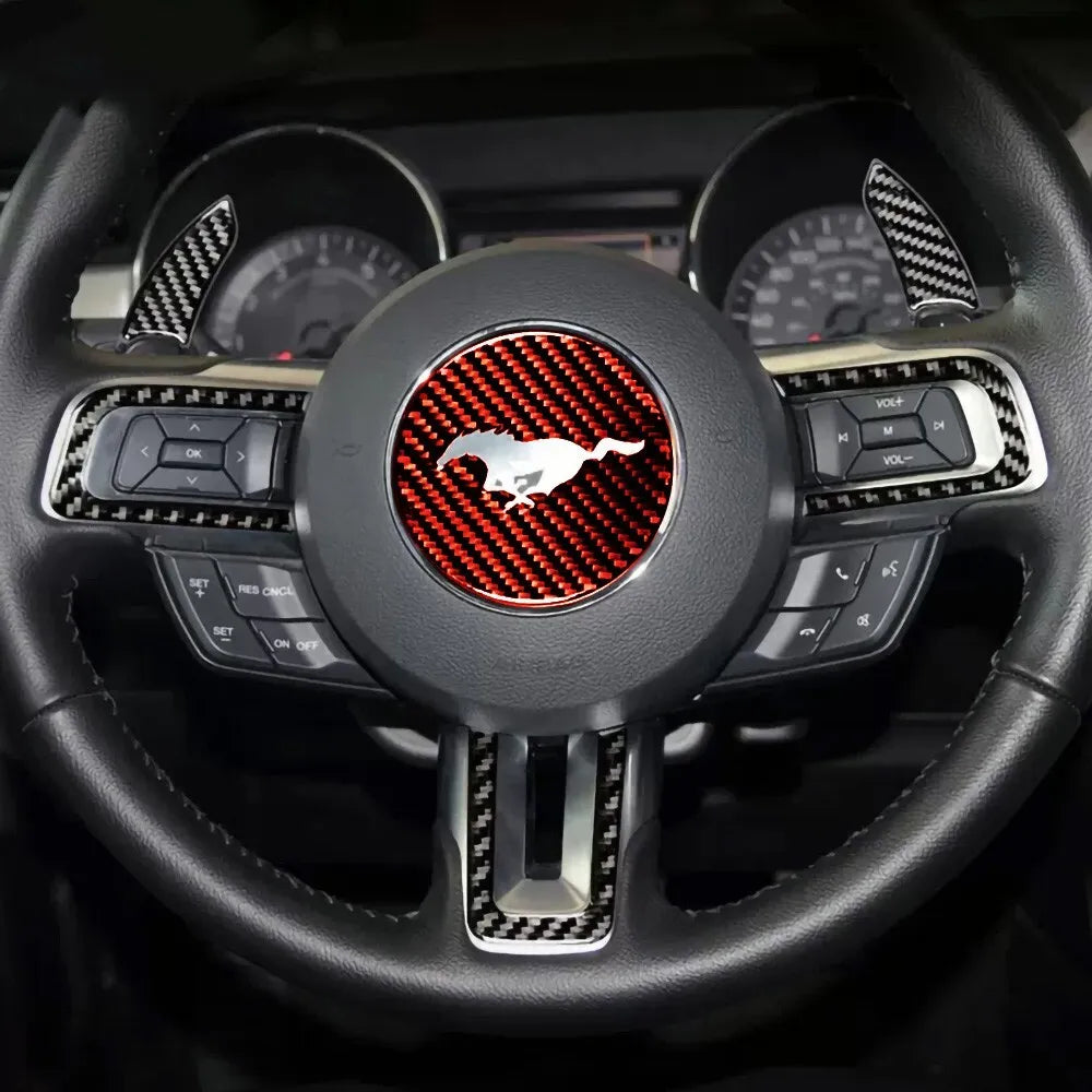 BRAND NEW 2015-2020 Ford Mustang Real Carbon Fiber Red Steering Wheel Panel Trim Emblem