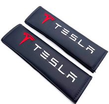 Load image into Gallery viewer, Brand New Universal 2PCS TESLA Black Leather Auto Car Seat Belt Covers Shoulder Pads Cushion