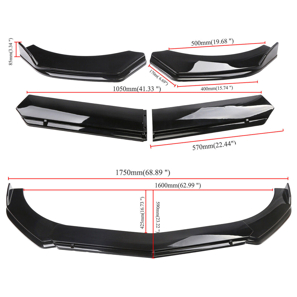 BRAND NEW UNIVERSAL 4PCS Glossy Black Front Bumper Protector Body Splitter Spoiler Lip