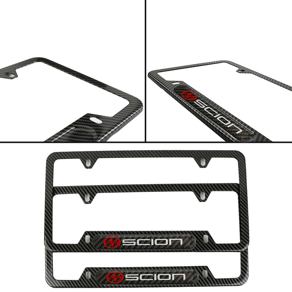 Brand New Universal 2PCS SCION Carbon Fiber Look Metal License Plate Frame