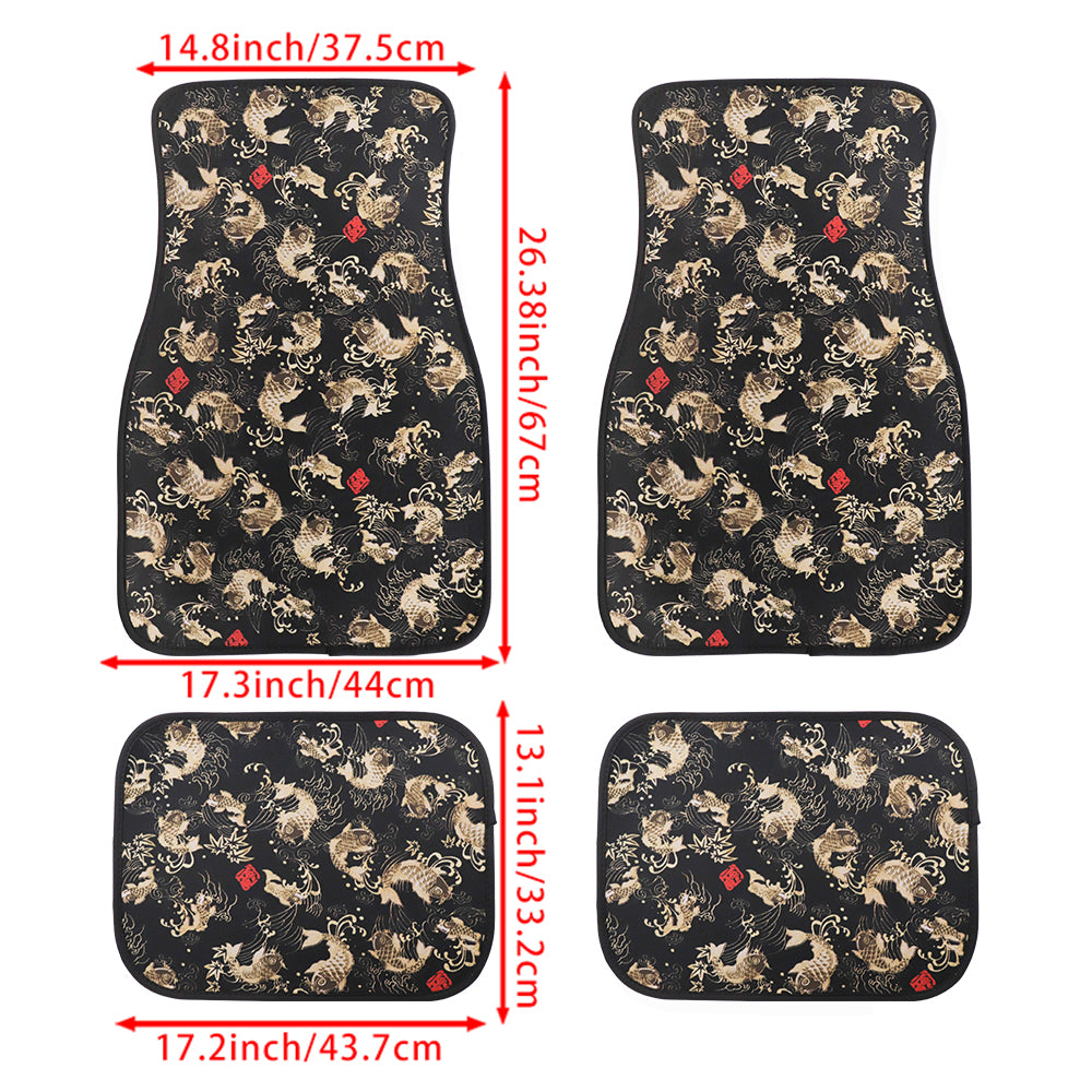 Brand New 4PCS SAKURA KOI FISH Racing Black Fabric Car Floor Mats Interior Carpets