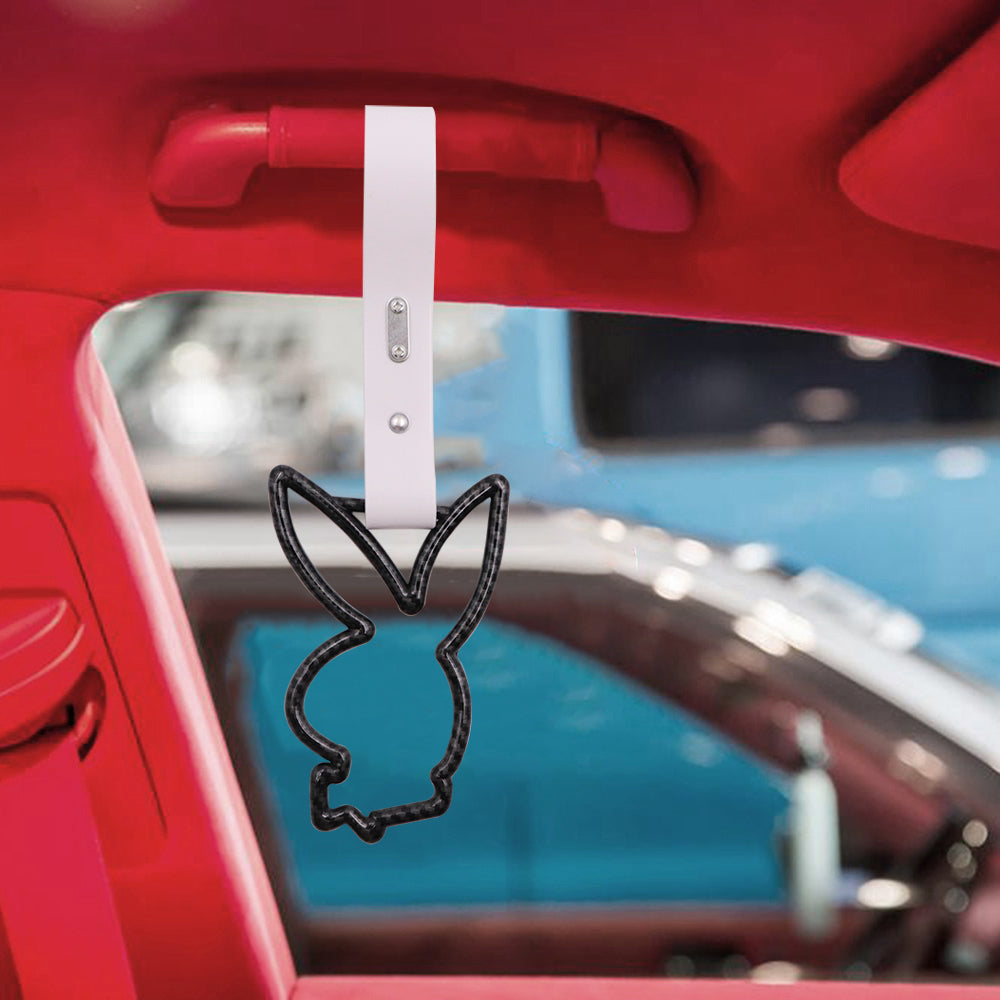 Brand New Playboy Bunny Shaped Carbon Fiber JDM TSURIKAWA Subway Bus Handle White Strap Charm Drift