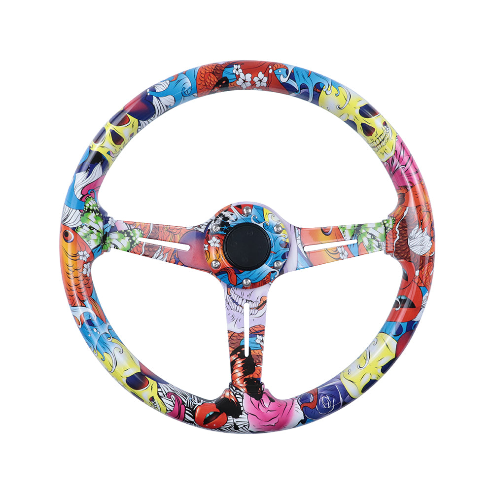 BRAND NEW UNIVERSAL 350MM 14'' Stickerbomb Acrylic Deep Dish 6 Holes Steering Wheel w/Horn Button Cover