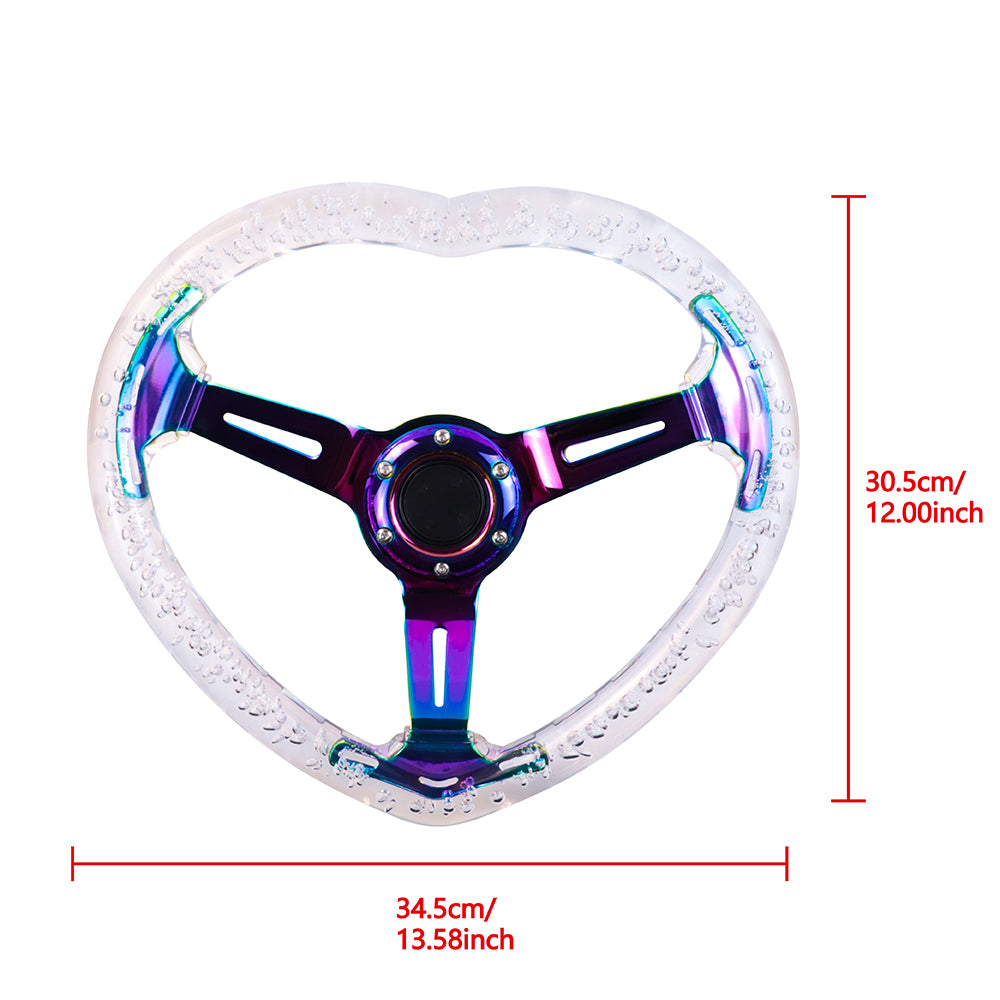 Brand New Universal 6-Hole 350MM Heart Clear Deep Dish Vip Crystal Bubble Neo Spoke Steering Wheel