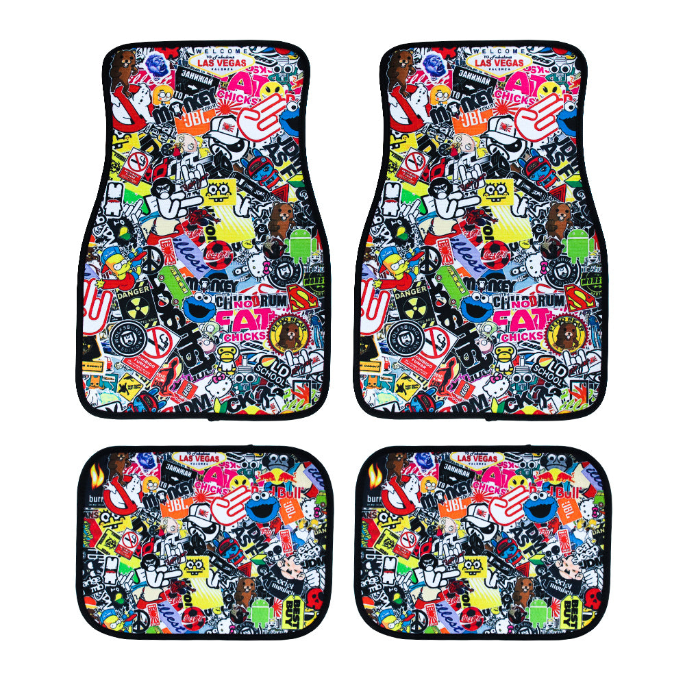 Brand New 4PCS UNIVERSAL JDM STICKERBOMB Racing Fabric Car Floor Mats Interior Carpets