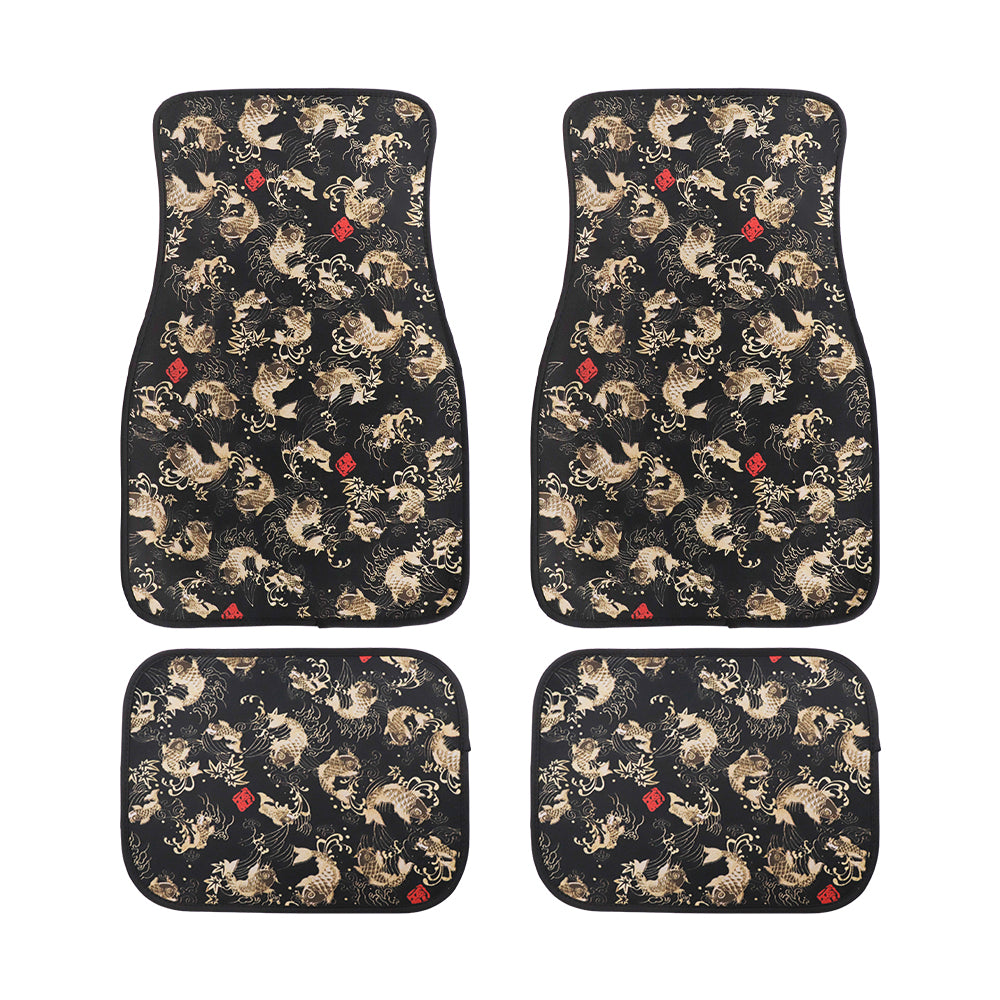 Brand New 4PCS SAKURA KOI FISH Racing Black Fabric Car Floor Mats Interior Carpets