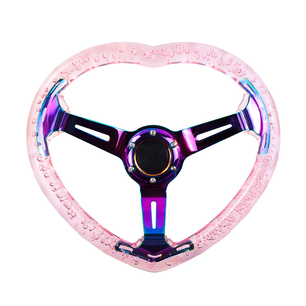 Brand New Universal 6-Hole 350MM Heart Pink Deep Dish Vip Crystal Bubble Neo Spoke Steering Wheel