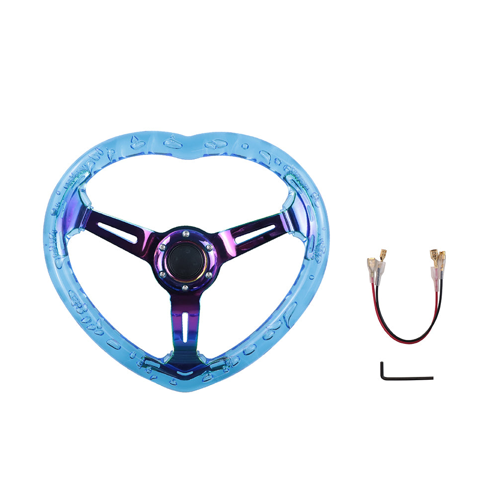 Brand New Universal 6-Hole 350MM Heart Blue Deep Dish Vip Crystal Bubble Neo Spoke Steering Wheel