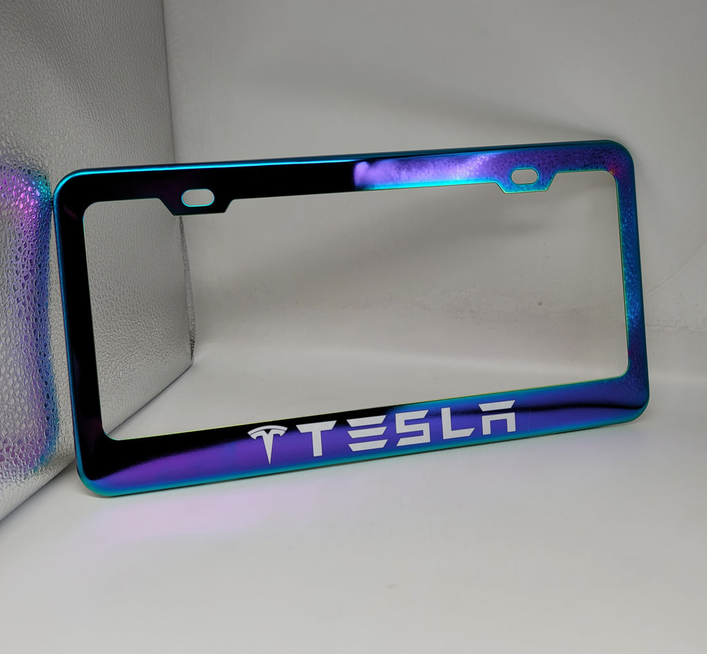 Brand New Universal 1PCS TESLA Neo Chrome Titanium Metal Steel License Plate Frame