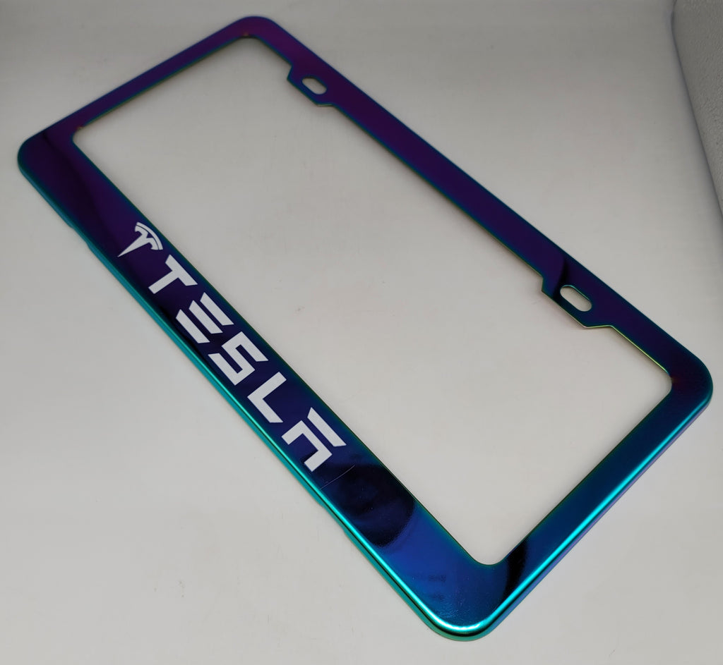 Brand New Universal 1PCS TESLA Neo Chrome Titanium Metal Steel License Plate Frame