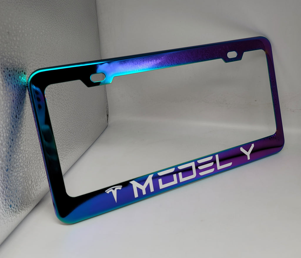 Brand New Universal 1PCS TESLA MODEL Y Neo Chrome Titanium Metal Steel License Plate Frame