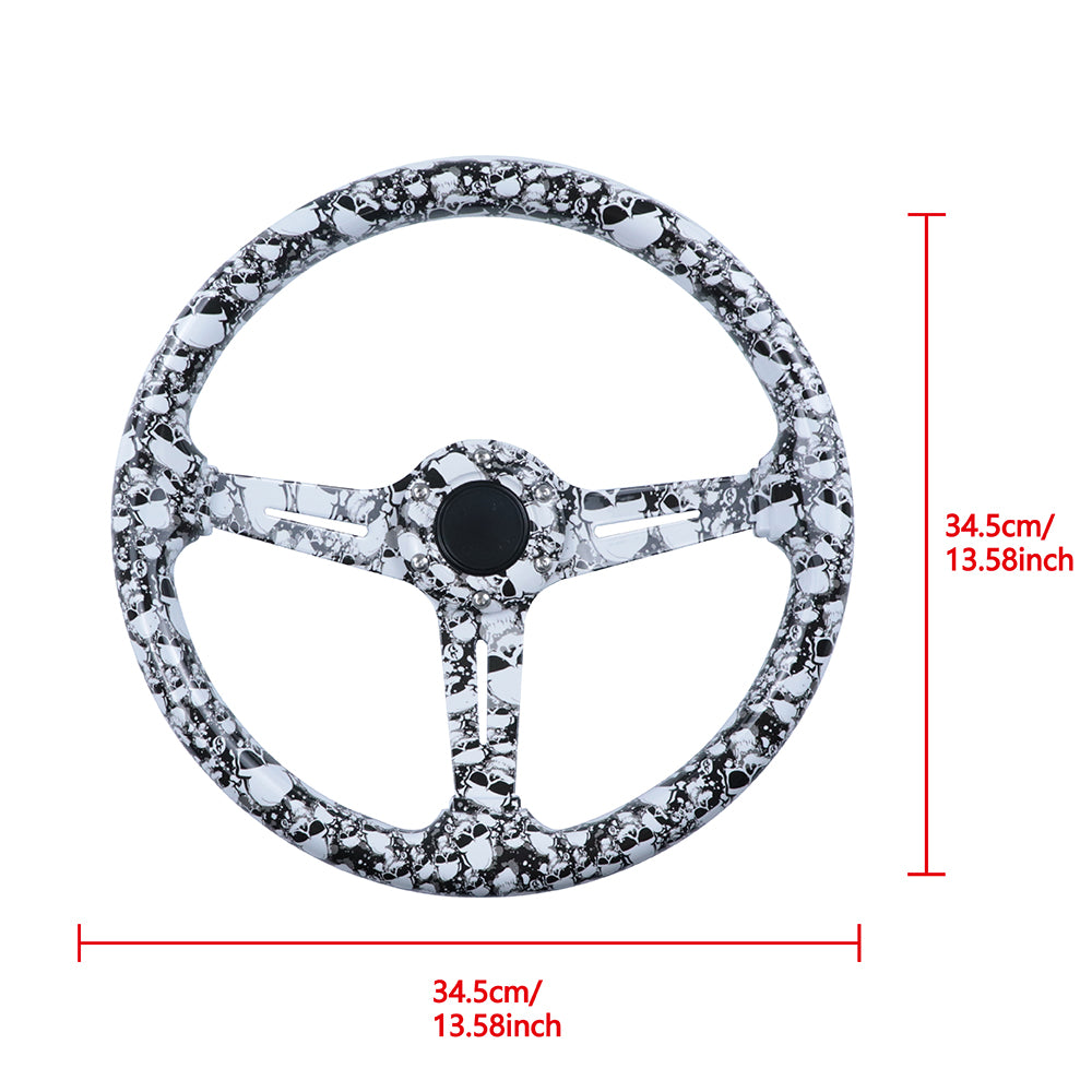 BRAND NEW UNIVERSAL 350MM 14'' Graphic Skull Look Acrylic Deep Dish 6 Holes Steering Wheel w/Horn Button Cover