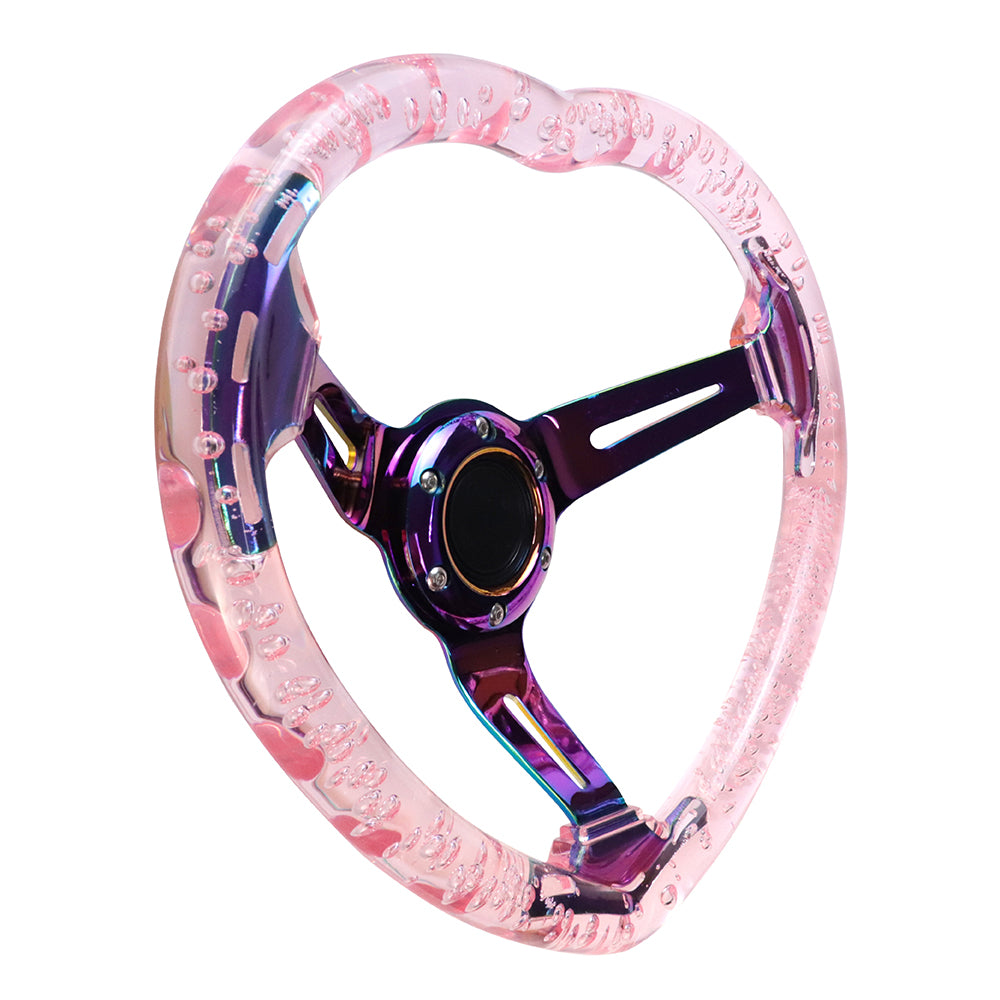 Brand New Universal 6-Hole 350MM Heart Pink Deep Dish Vip Crystal Bubble Neo Spoke Steering Wheel