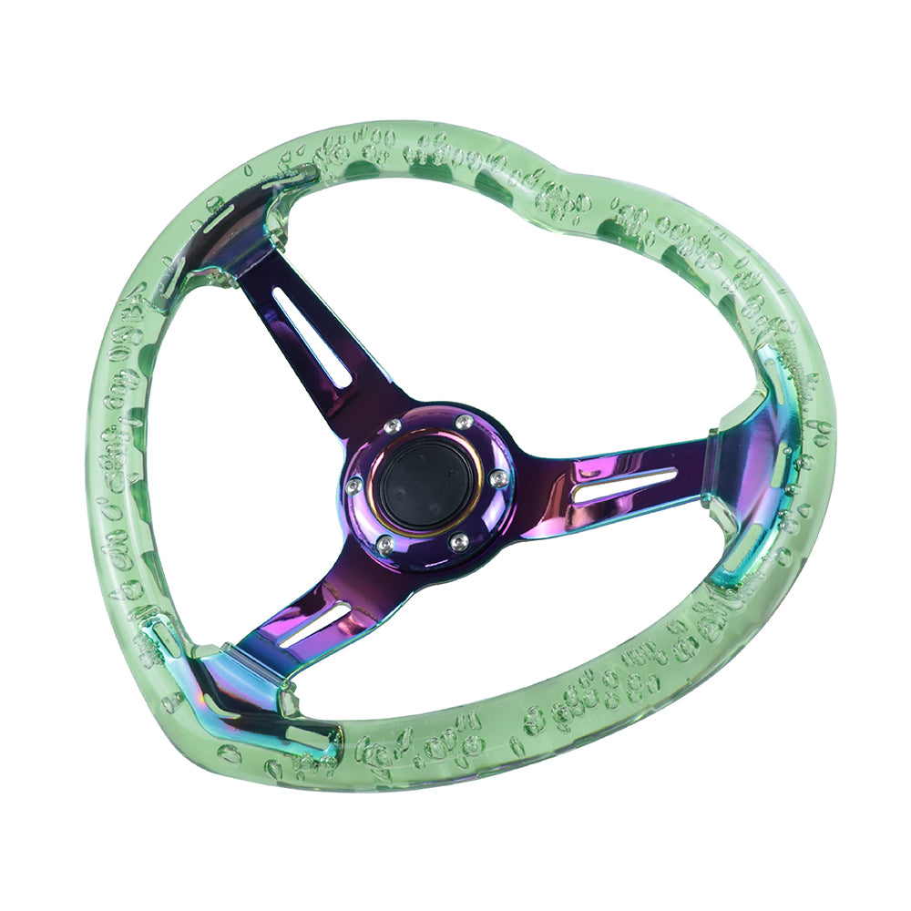 Brand New Universal 6-Hole 350MM Heart Green Deep Dish Vip Crystal Bubble Neo Spoke Steering Wheel