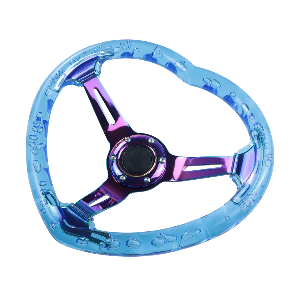 Brand New Universal 6-Hole 350MM Heart Blue Deep Dish Vip Crystal Bubble Neo Spoke Steering Wheel