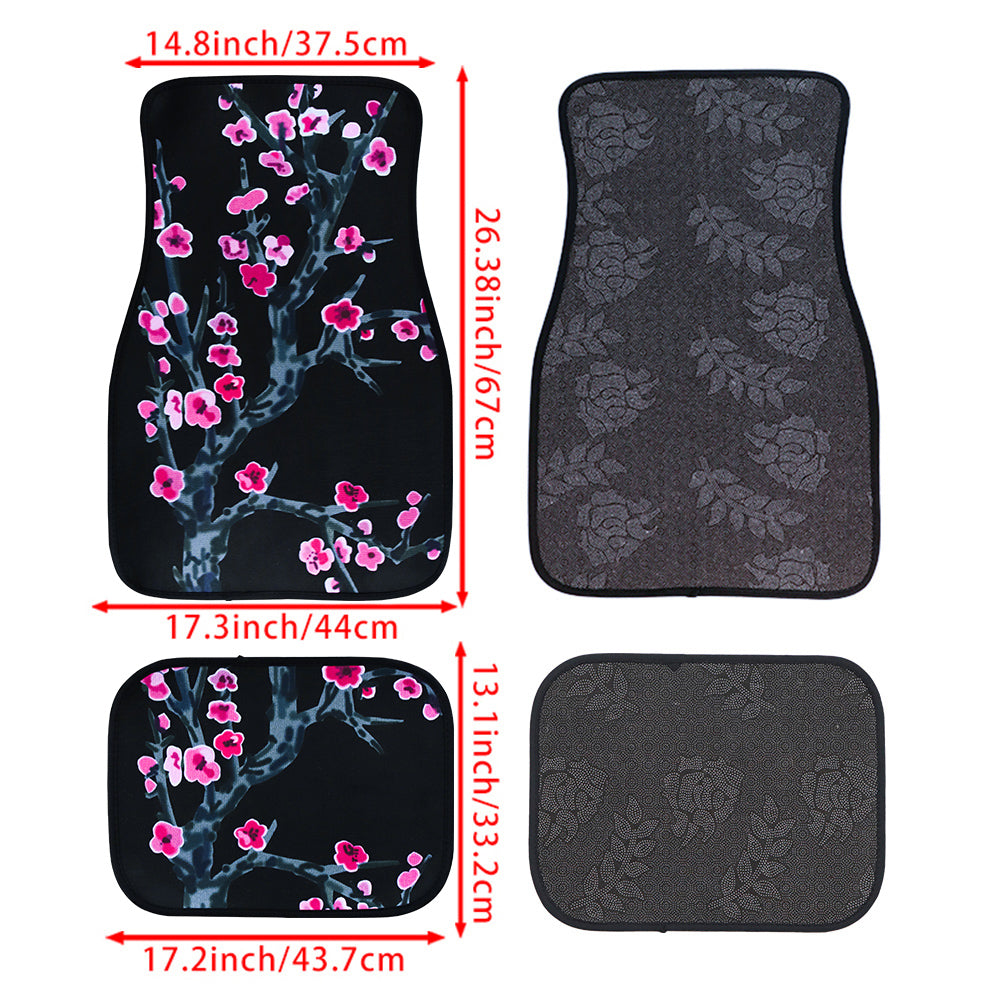 Brand New Universal 4PCS SAKURA FLOWER Racing Black Fabric Car Floor Mats Interior Carpets