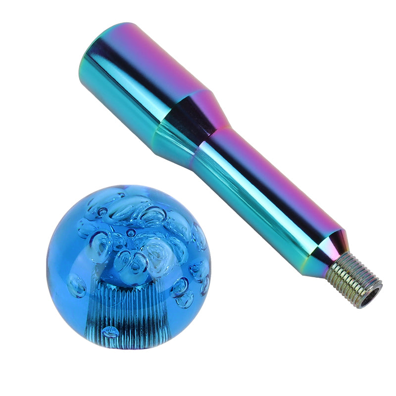 BRAND NEW UNIVERSAL V2 CRYSTAL BUBBLE BLUE ROUND BALL SHIFT KNOB MANUAL CAR RACING GEAR M8 M10 M12 & Neo Chrome Shifter Extender Extension