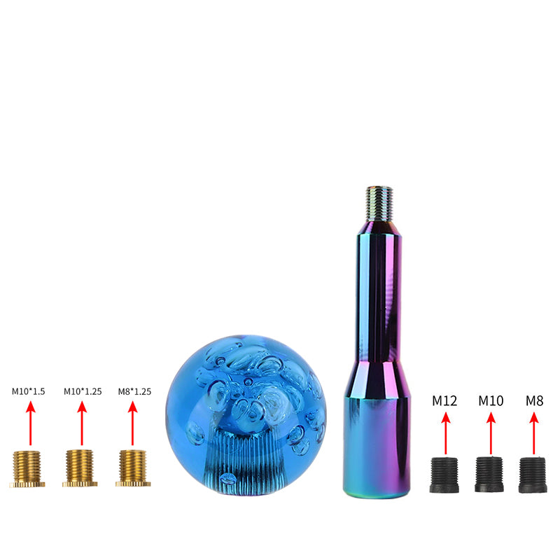 BRAND NEW UNIVERSAL V2 CRYSTAL BUBBLE BLUE ROUND BALL SHIFT KNOB MANUAL CAR RACING GEAR M8 M10 M12 & Neo Chrome Shifter Extender Extension