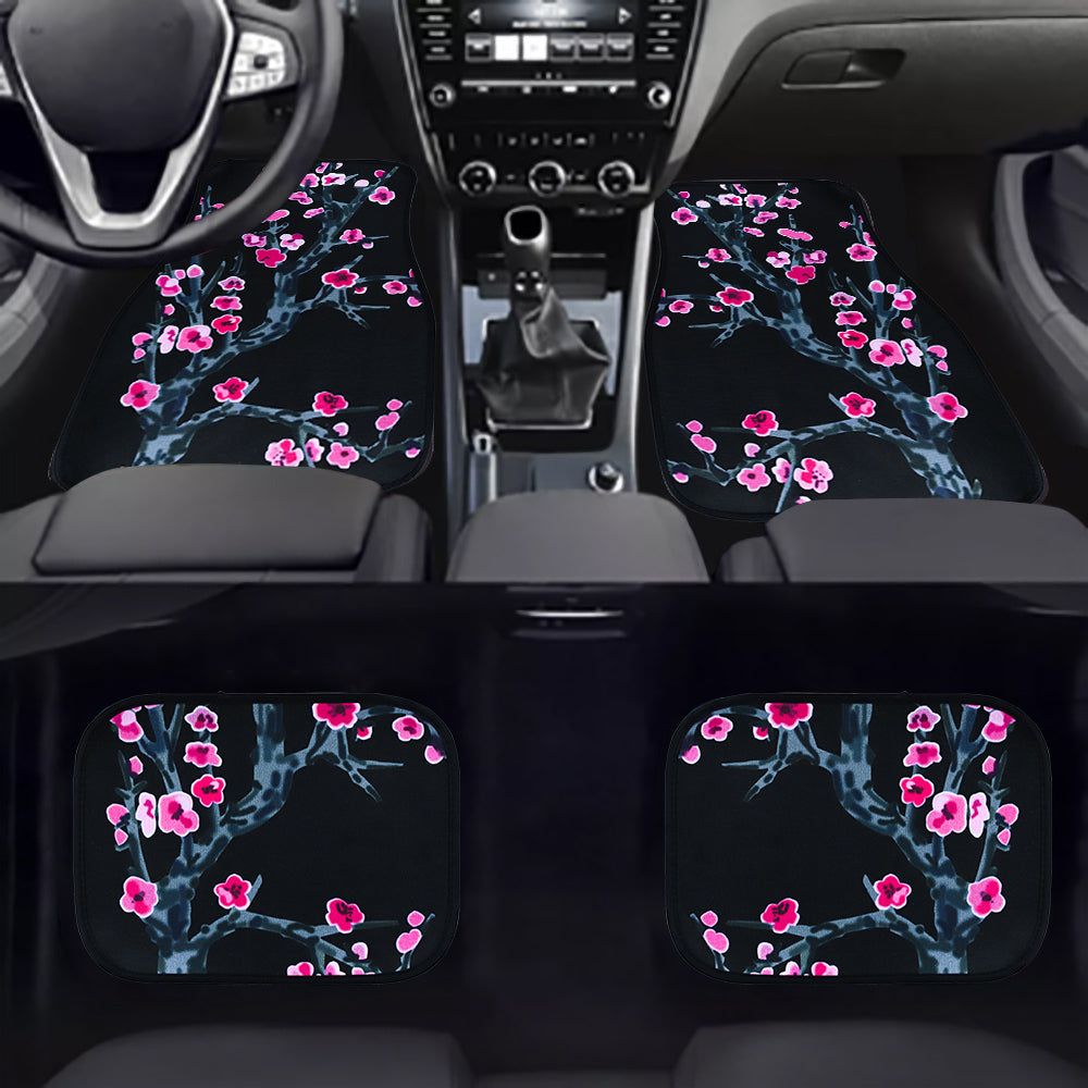 Brand New Universal 4PCS SAKURA FLOWER Racing Black Fabric Car Floor Mats Interior Carpets