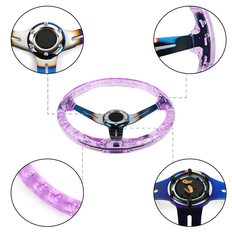 Brand New Universal 6-Hole 350mm Deep Dish Vip Purple Crystal Bubble Burnt Blue Spoke Steering Wheel