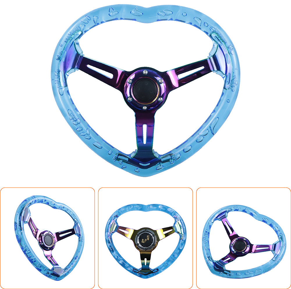 Brand New Universal 6-Hole 350MM Heart Blue Deep Dish Vip Crystal Bubble Neo Spoke Steering Wheel