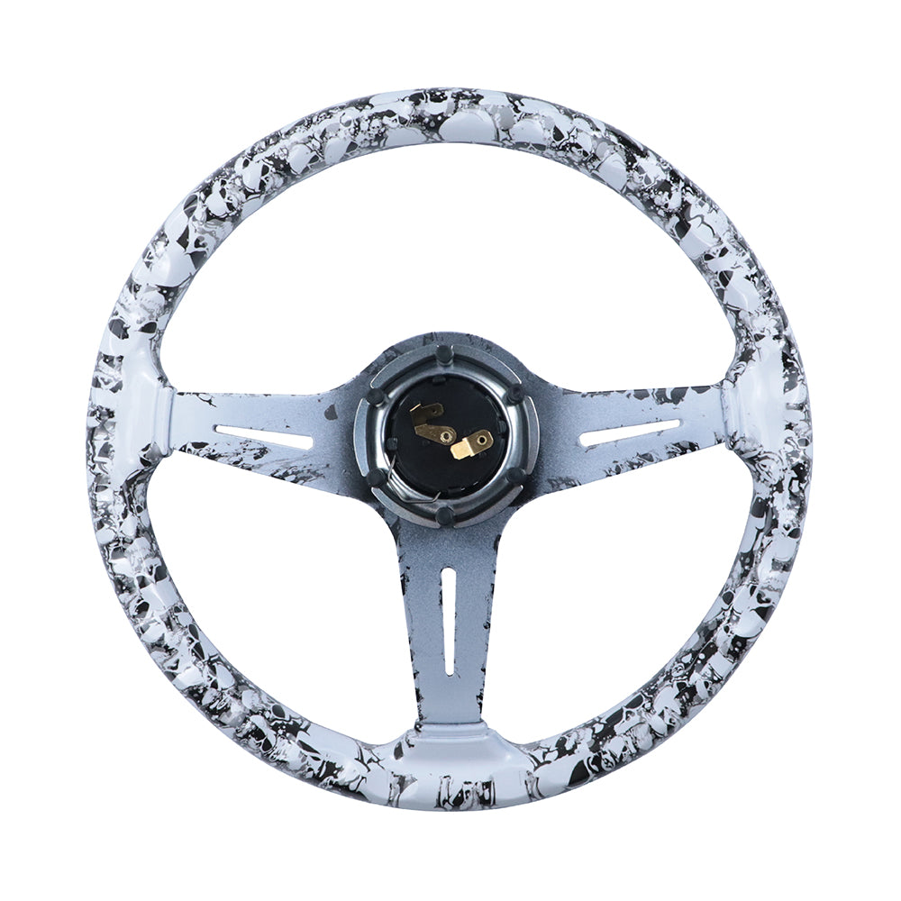 BRAND NEW UNIVERSAL 350MM 14'' Graphic Skull Look Acrylic Deep Dish 6 Holes Steering Wheel w/Horn Button Cover