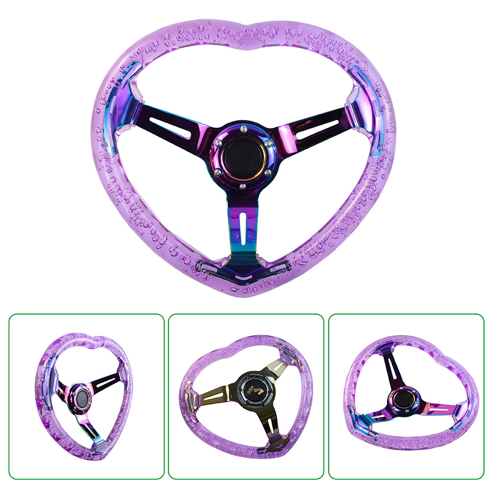 Brand New Universal 6-Hole 350MM Heart Purple Deep Dish Vip Crystal Bubble Neo Spoke Steering Wheel