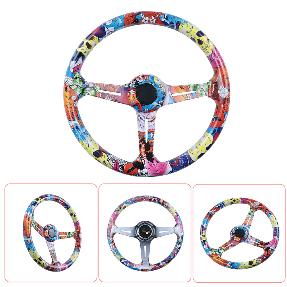 BRAND NEW UNIVERSAL 350MM 14'' Stickerbomb Acrylic Deep Dish 6 Holes Steering Wheel w/Horn Button Cover