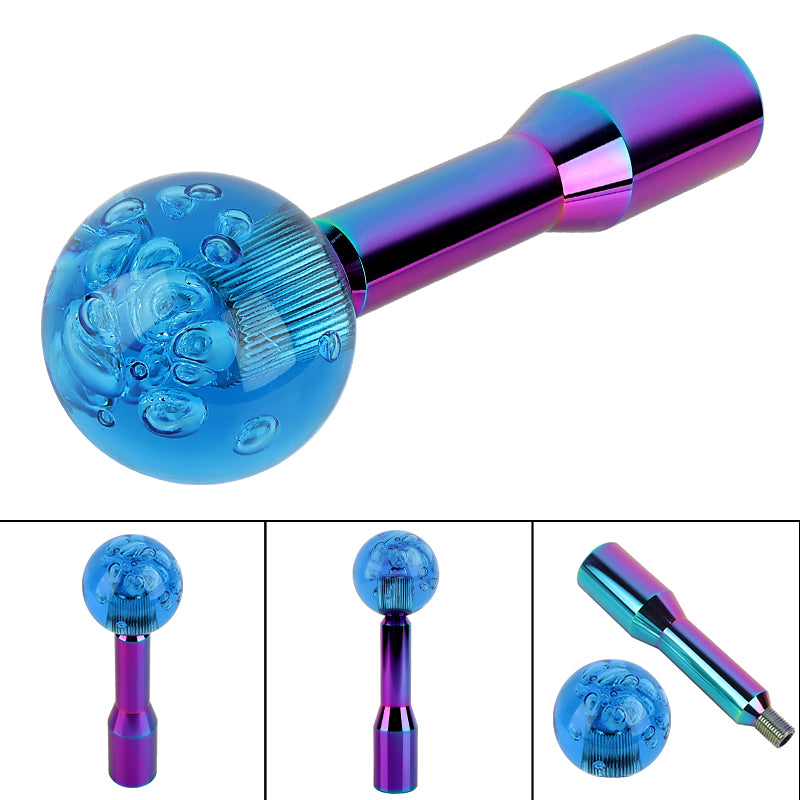 BRAND NEW UNIVERSAL V2 CRYSTAL BUBBLE BLUE ROUND BALL SHIFT KNOB MANUAL CAR RACING GEAR M8 M10 M12 & Neo Chrome Shifter Extender Extension