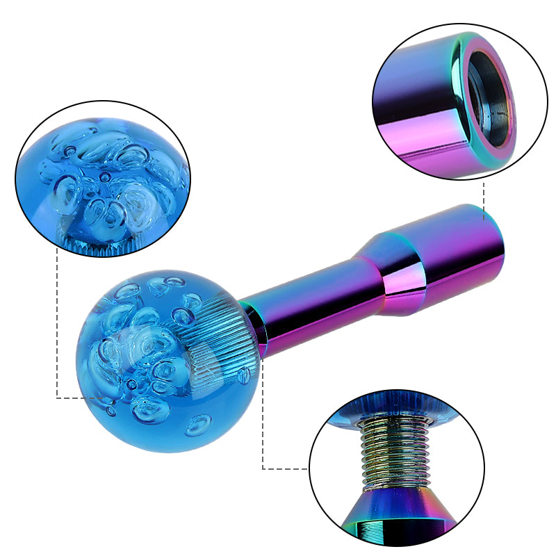 BRAND NEW UNIVERSAL V2 CRYSTAL BUBBLE BLUE ROUND BALL SHIFT KNOB MANUAL CAR RACING GEAR M8 M10 M12 & Neo Chrome Shifter Extender Extension