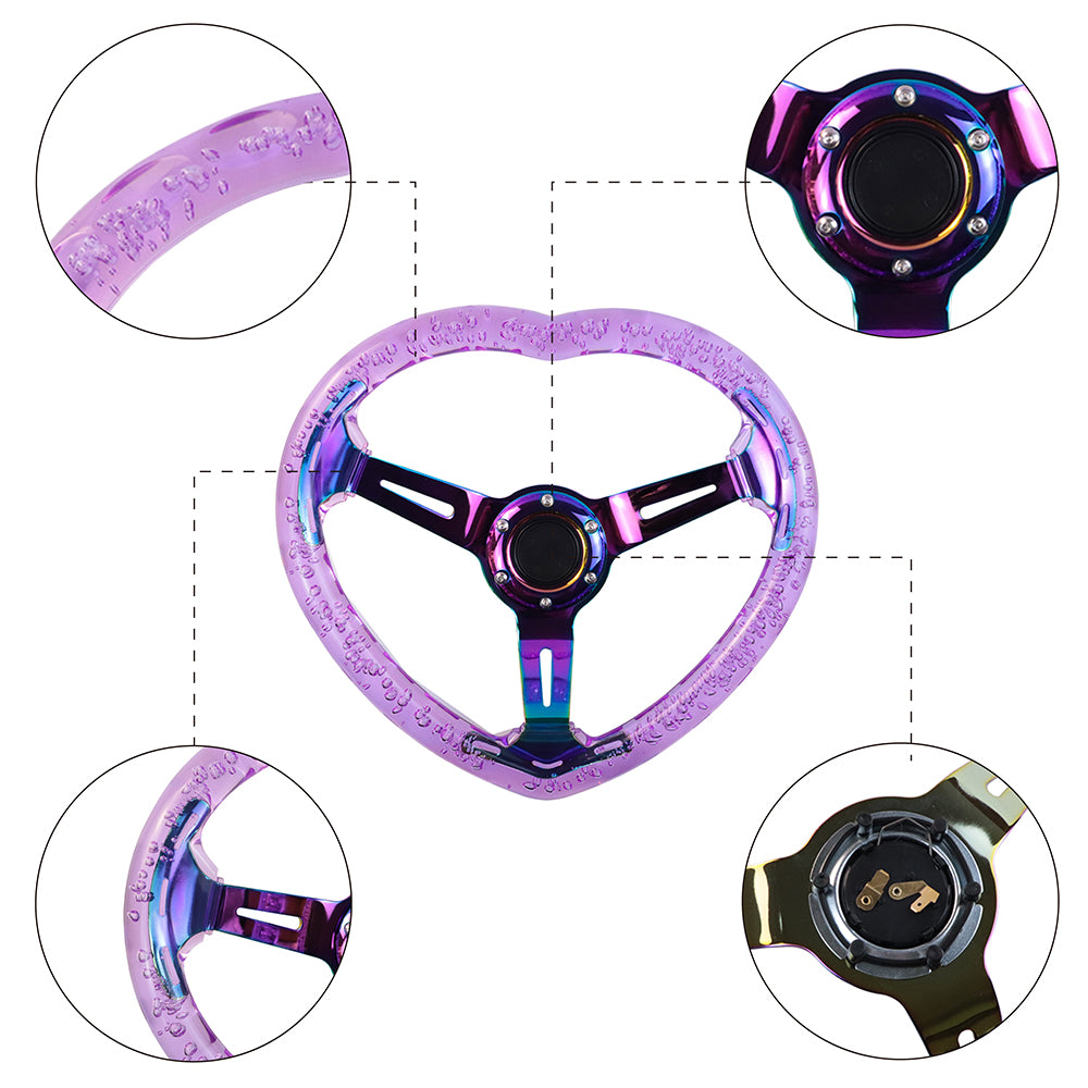 Brand New Universal 6-Hole 350MM Heart Purple Deep Dish Vip Crystal Bubble Neo Spoke Steering Wheel