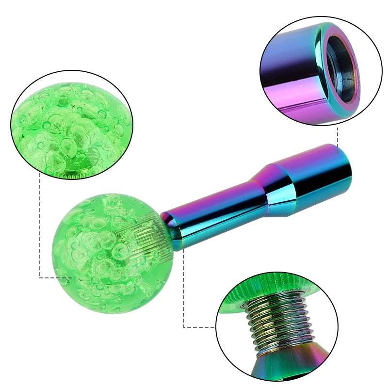 BRAND NEW UNIVERSAL V2 CRYSTAL BUBBLE GREEN ROUND BALL SHIFT KNOB MANUAL CAR RACING GEAR M8 M10 M12 & Neo Chrome Shifter Extender Extension