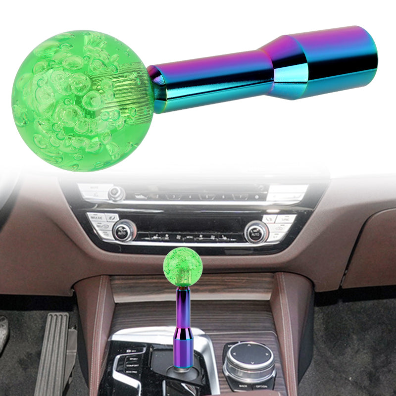 BRAND NEW UNIVERSAL V2 CRYSTAL BUBBLE GREEN ROUND BALL SHIFT KNOB MANUAL CAR RACING GEAR M8 M10 M12 & Neo Chrome Shifter Extender Extension