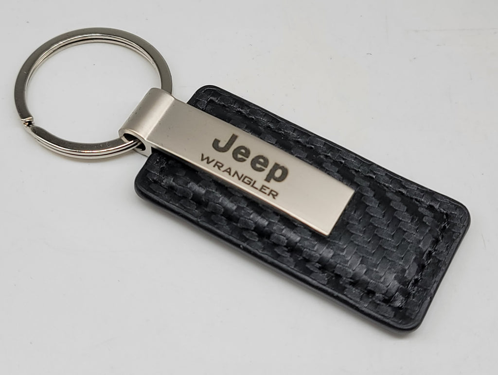 Brand New Jeep Wrangler Engraved Rectangle Carbon Fiber Leather Fob Keyring Keychain Official Licensed Product