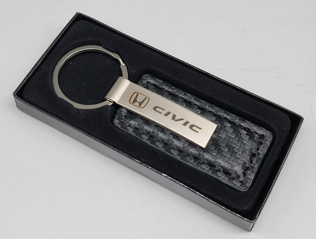 Brand New Honda Civic Engraved Rectangle Carbon Fiber Leather Fob Keyring Keychain Official Licensed Product