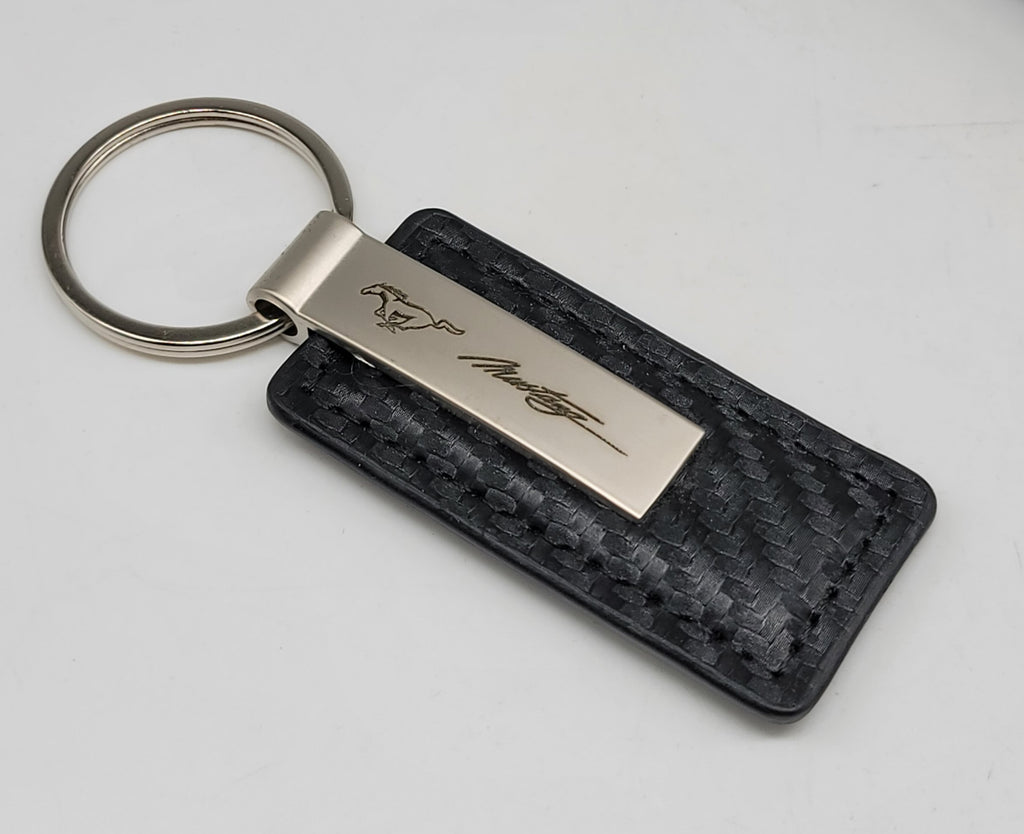 Brand New Mustang Engraved Rectangle Carbon Fiber Leather Fob Keyring Keychain Official Licensed Product