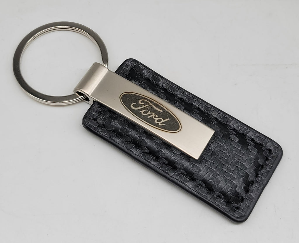 Brand New Ford Engraved Rectangle Carbon Fiber Leather Fob Keyring Keychain Official Licensed Product