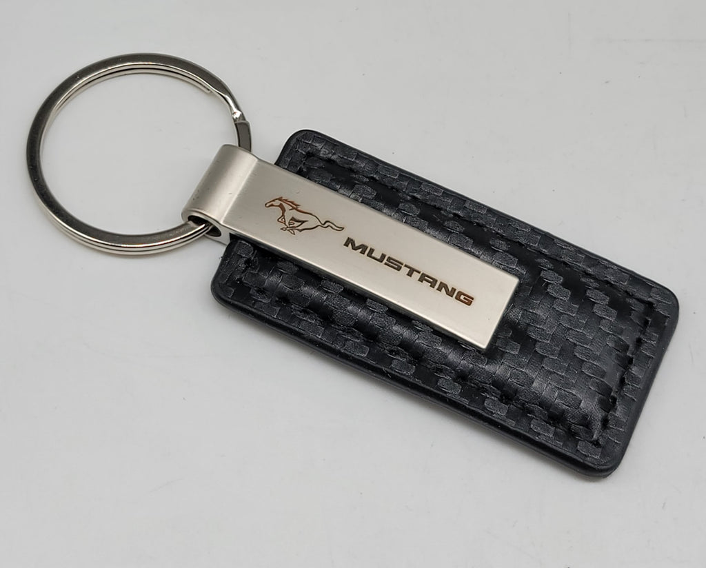 Brand New Mustang Engraved Rectangle Carbon Fiber Leather Fob Keyring Keychain Official Licensed Product