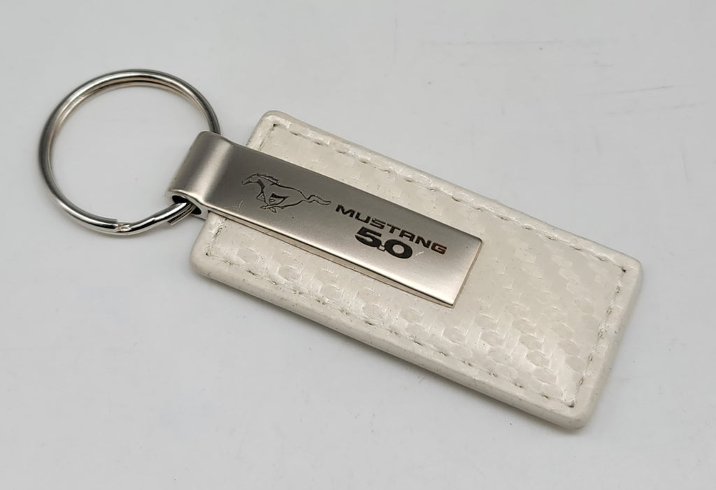 Brand New Mustang 5.0 Engraved Rectangle Carbon Fiber White Leather Fob Keyring Keychain Official Licensed Product