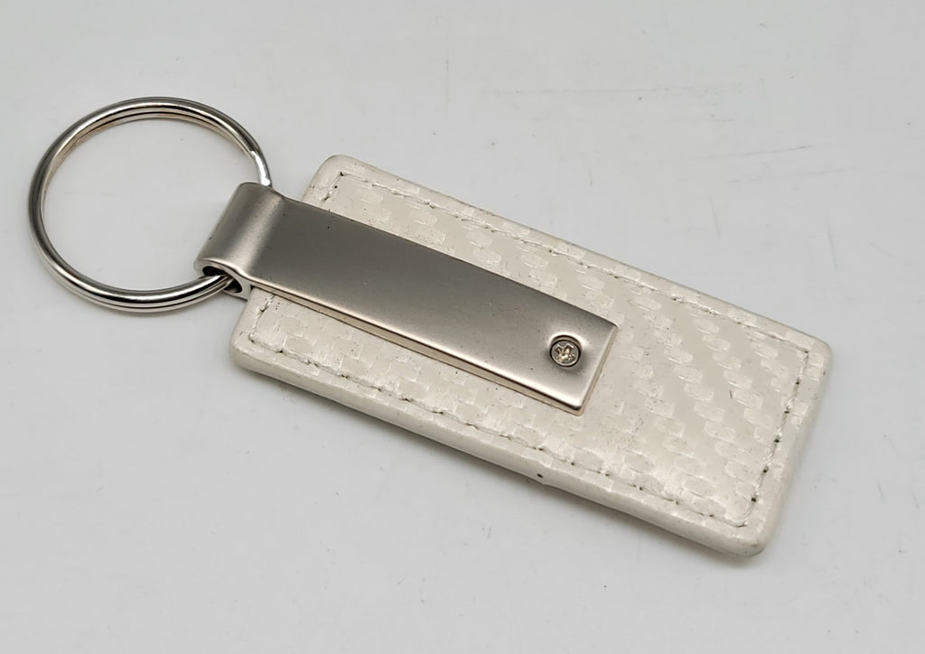 Brand New Mustang 5.0 Engraved Rectangle Carbon Fiber White Leather Fob Keyring Keychain Official Licensed Product